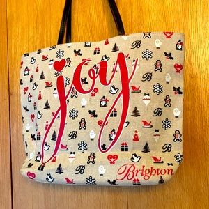 Brighton Joy tote glitter canvas holiday winter theme red black tan white EUC